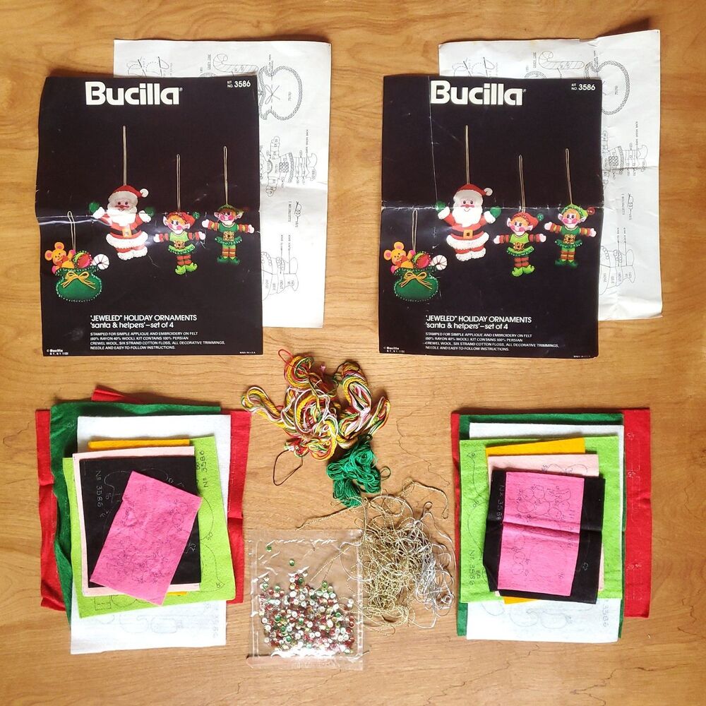 Bucilla Jeweled Holiday Ornament Kit 3586 Lot 2 Santa And Helpers Used Started